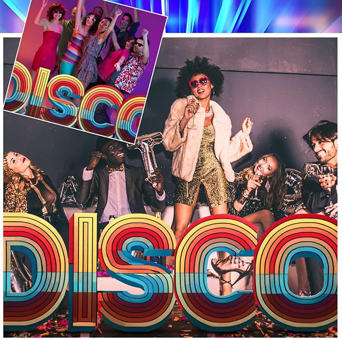 Bucherry 7.8ft Colorful Disco Letters Cardboard Cutout Stand up Life Size 70s 80s 90s Themed Party Decoration Backdrop Photo Props Standup for Birthday Hip Hop Retro Theme Party Supply