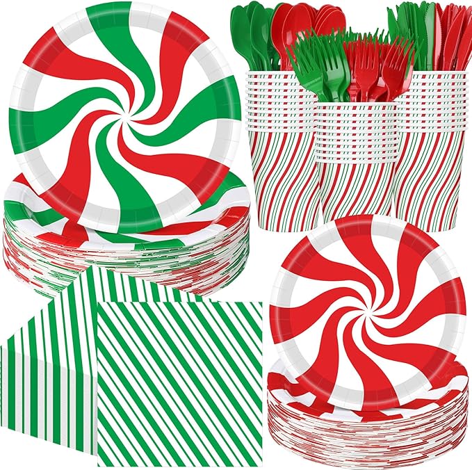 Pickmesh 400 Pcs Christmas Peppermint Candy Paper Plates Napkins Cups Cutlery for Candy Mint Party Supplies, Red and Green Striped Peppermint Party Decorations Tableware Set for Holiday Xmas Serve 50