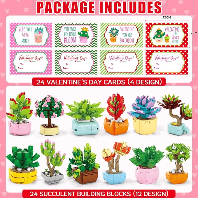 Valentines Day Gifts for Kids - 24 Packs Succulents Building Blocks with Valentines Day Cards for Kids School Boys Girls, Artificial Botanical Toy Exchange Gifts Classroom Prizes Party Favor