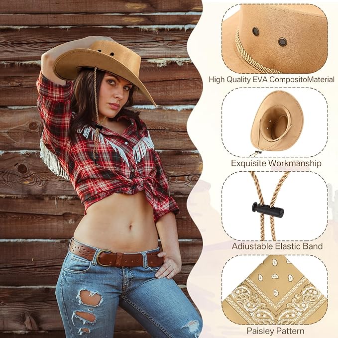 Coume 10 Set Cowboy Hat and Bandana for Women Men 10 Felt Cowgirl Cowboy Hat Bulk 10 Western Bandanas for Adult Costume Party