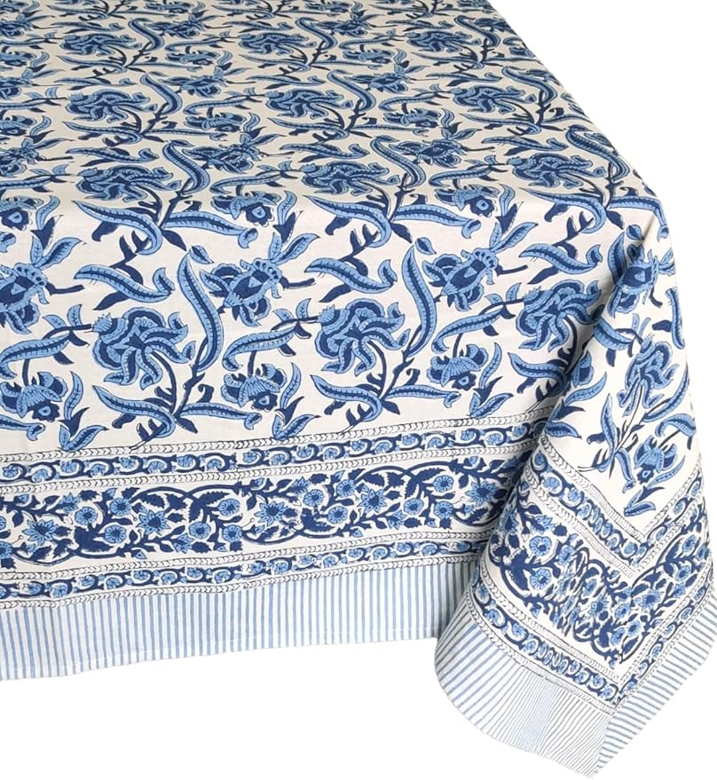 ATOSII Midnight Bloom 100% Cotton Spring Summer Tablecloth, Hand Block Print Rectangle Table Cover for Kitchen Dining Linen I Parties, Outdoors, Wedding, Easter I 72 X 140 Inches I 12 Seater