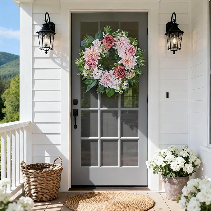 24 Inch Spring Wreath for Front Door with Roses Dahlias Silk Flowers with Berry Greenery for All Seasons Indoor Outdoor Porch Wedding Wall Farmhouse Porch Wall Living Room Home Widding Decor
