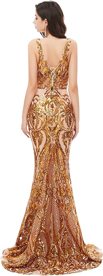 Women's Double V-Neck Sequins Lace-up Mermaid Evening Dress