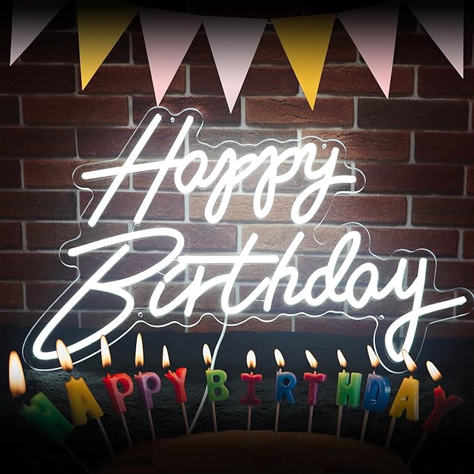 Happy Birthday Neon Sign for Party Backdrop Wall Decor LED Happy Birthday Light Up Sign Banner for Party Decorations LED Sign Teen Bedroom Reunion Decoration Gifts Photo Prop USB 21.7x13.8 Inch (white)
