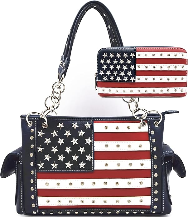 American Flag USA Stars and Stripes Patriotic Leather Purse Women Rhinestone Country Handbag Wallet Set Red White and Blue