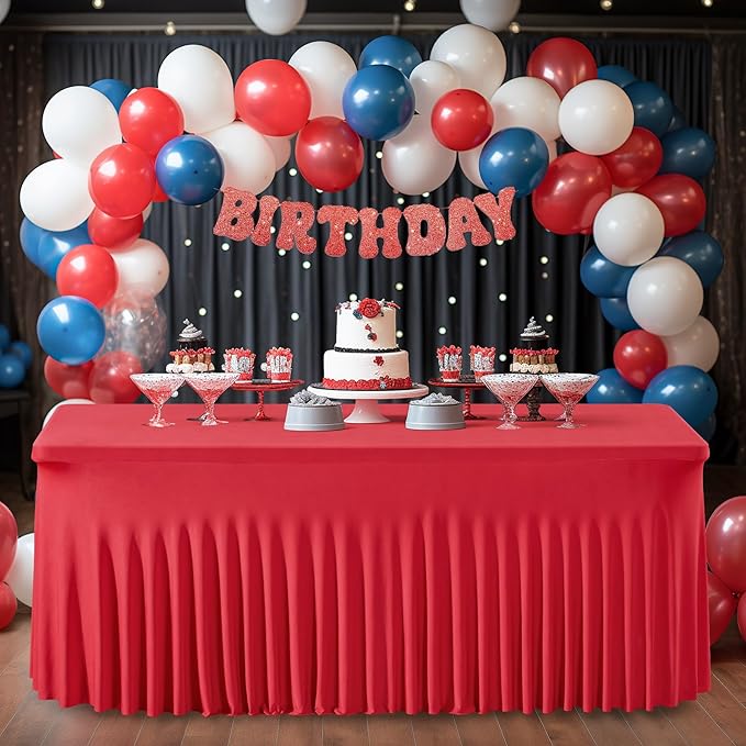 2 Packs Red Table Clothes for 6 Foot Rectangle Tables, Wrinkle Resistant Stretch Spandex Table Covers Fitted Tablecloth with Skirt for Valentines Wedding Birthday Party Event Banquet