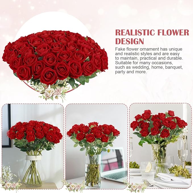 Artificial Velvet Silk White Roses for Wedding Centerpieces & Bridal Bouquets - Mother's Day & Valentine's Day Home Decor (120, Red)