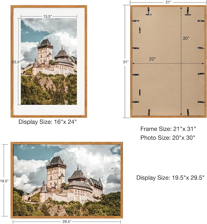 20x30 Picture Frame with Mat for 16x24 - Solid Teak Wood Poster Frame with Tempered Glass, Wooden 20''x30'' Minimalist Photo Frame with Hooks Puzzle Frame for Art Photo and Prints, Natural Teak