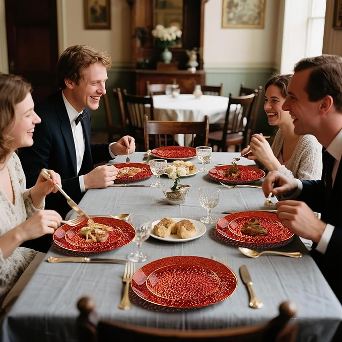 DaYammi 175PCS Clear Red Plastic Dinnerware Set, Hammered Disposable Plates for Valentine's Day Party, Include: 25 Dinner Plates 25 Dessert Plates 75 Gold Silverware 25 Napkins 25 Cups