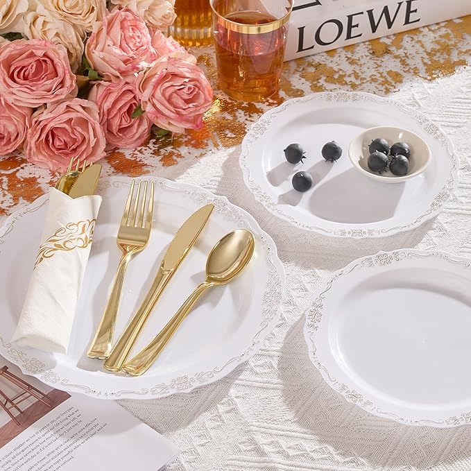350 PCS White and Gold Disposable Plates, Elegant Dinnerware Set for 50 Guests, 100 Plastic Plates, 150 Silverware, 50 Cups & 50 Paper Napkins, White and Gold