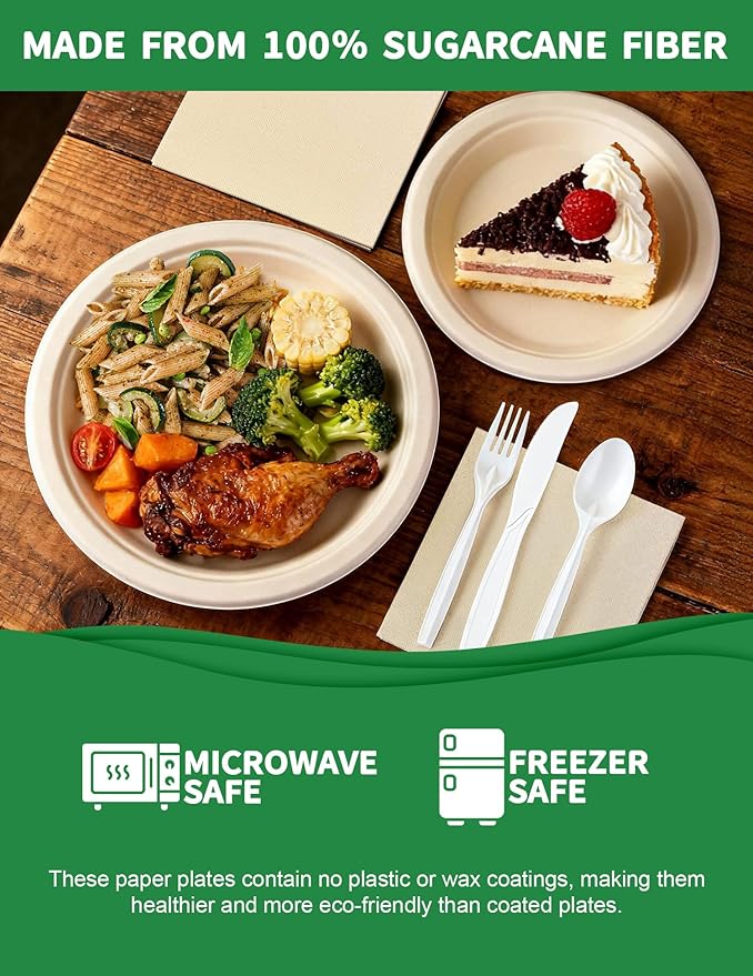 300 Pcs Compostable Dinnerware Set - Serves 50 Guests with Heavy Duty 9 & 7 Inch Plates, Napkins & Cutlery | Biodegradable Sugarcane Eco-Friendly Party Supplies for Birthday, Christmas, Holiday