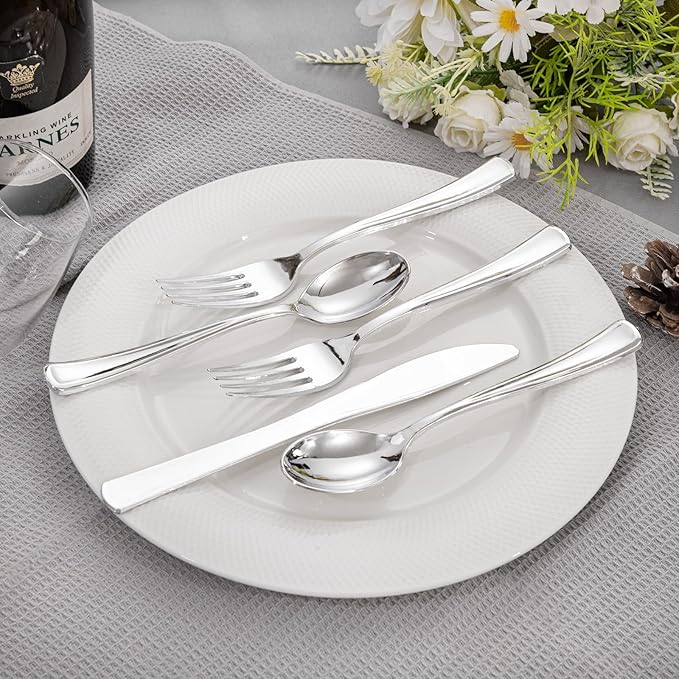 Liacere 100 Pack Silver Plastic Silverware-Pre Wrapped cutlery and Napkin-Pre Rolled Silverware Disposable 100 Forks, 100 Knives 100 Spoons, 100 Napkins Plastic Utensils＆Christmas＆New Year