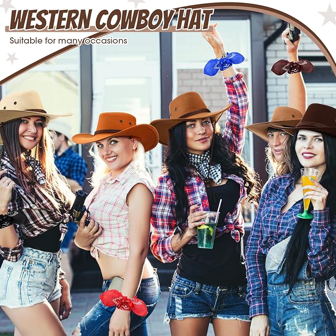 Coume 10 Set Cowboy Hat and Bandana for Women Men 10 Felt Cowgirl Cowboy Hat Bulk 10 Western Bandanas for Adult Costume Party