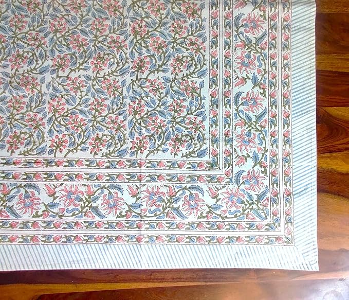 ATOSII Kalina 100% Cotton Rectangle Tablecloth, Handblock Floral Linen Table Cloth for Kitchen Dining Table I Parties Wedding Outdoors I Home Decor 60 X 108 Inches