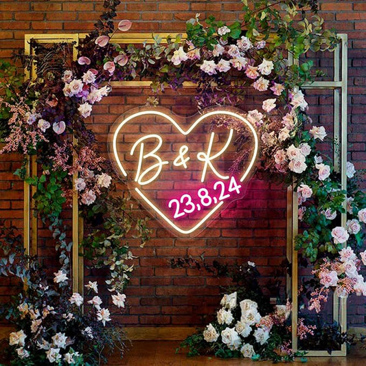 Custom Initials Name With Date Neon Sign Wedding Heart LED Neon Light Customizable Wedding Engagement Party Backdrop Wall Decor Personalized Gifts
