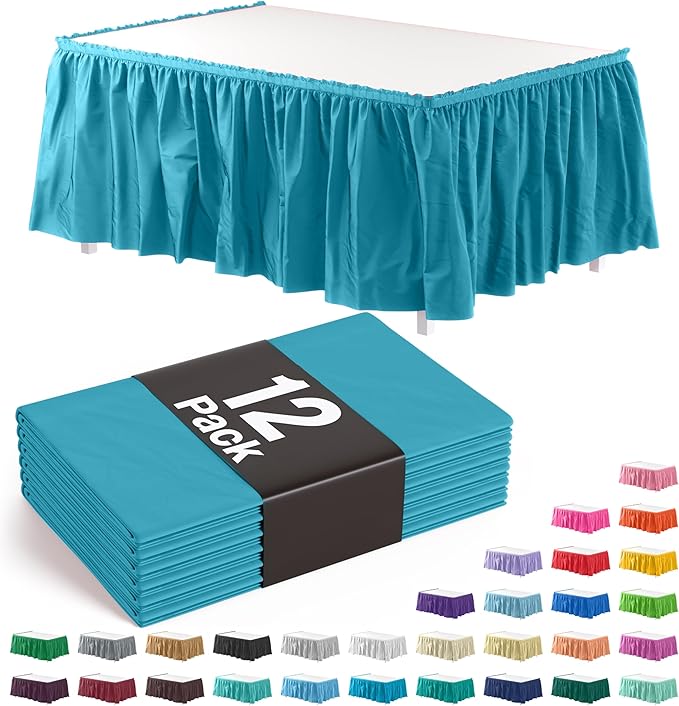 Exquisite Ruffle Table Skirt Turquoise 12 Pack 14 Ft Long Table Skirts for Rectangle Tables 6ft Plus or Round Tables Skirts with Adhesive Strip for Gender Reveal Decor & Happy Birthday Parties