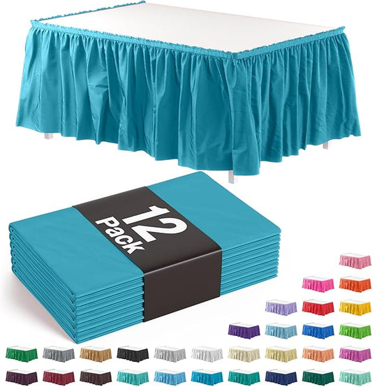 Exquisite Ruffle Table Skirt Turquoise 12 Pack 14 Ft Long Table Skirts for Rectangle Tables 6ft Plus or Round Tables Skirts with Adhesive Strip for Gender Reveal Decor & Happy Birthday Parties
