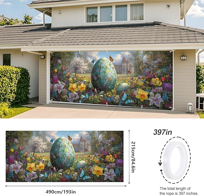 Floral Easter Egg Garden Garage Door Banner 7x16FT, Colorful Eggs & Spring Flowers Garage Door Cover, Outdoor Decoration for Easter & Spring