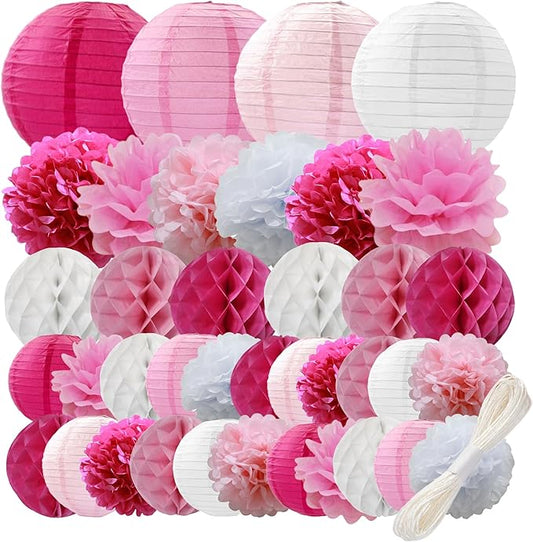 WOLHOWLTD Rosy Pink White Paper Decoration Set - 38 Pcs Paper Lanterns, Pompoms, Honeycomb for Wedding,Engagement,Bachelorette,Baby Shower,Valentine's,Home Decoration (Rosy Pink White)