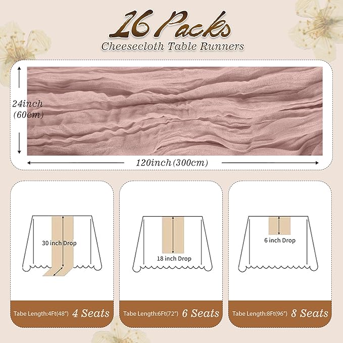 16 Pack 10Ft Cheesecloth Table Runners – Boho Gauze Vintage Table Decor, 120 Inch Long Rustic Cheese Cloth Runner for Wedding, Bridal Shower, Birthday, Romantic Party (Pink, 24" x 120"-16Packs)
