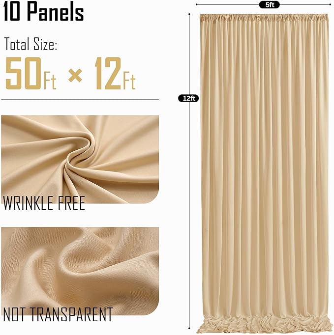 gogoparti 50x12ft Beige Backdrop Curtain for Wedding Parties, 10 Panels (5x12 ft Each) Wrinkle-Free Dackdrop Curtains, Silky Draping Fabric for Birthday Party, Baby Shower, Photo Background