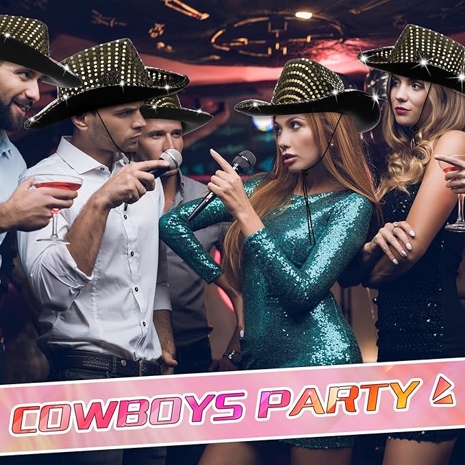 Kigeli 10 Pcs Lights LED Cowboy Cowgirl Hat LED Flashing Hat Cowgirl Hat for Western Cowboy Role Play(Silver,Sequin)
