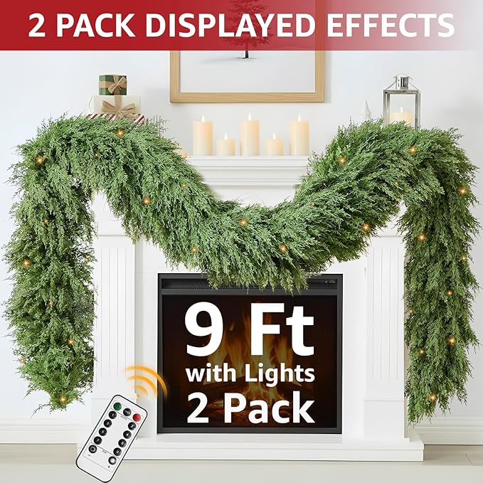 Cedar Christmas Garland for Mantle - 2 Pack Decorations with Lights 9 ft Realistic Lighted Faux Pine Garlands for Xmas Indoor Outdoor Prelit Decoration 9ft Garland for Door Stairs Railing Fireplace