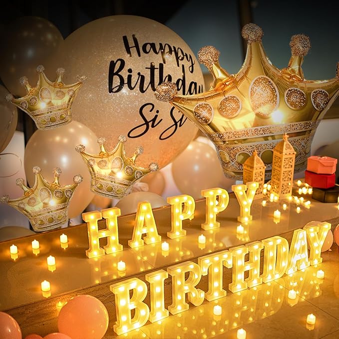 173pcs Happy Birthday LED Marquee Light Up Letters Sign Birthday Decorations with Crown Gold Foil Balloons and Banner for Anniversary Party Night Lamp Banquet Props