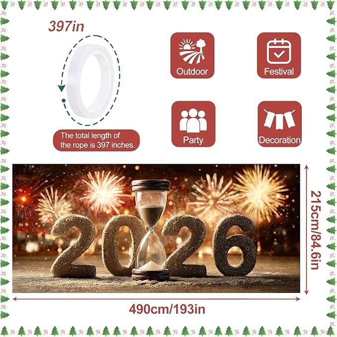 Happy New Year 2026 Garage Door Banner 7x16FT, Hourglass Countdown 2026 Garage Door Cover, Large Outdoor New Year Decoration Backdrop for Garage Doors, Fence, Yard, Party Photo Booth