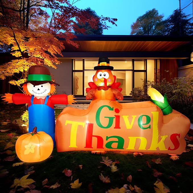 CAMULAND 8Ft Autumn Outdoor Built-in LED Inflatable Scarecrow and Turkey – Thanksgiving Inflatable Decorations Great for Home, Yard, Lawn – Warm Blow Up Décor for Fall Harvest Party