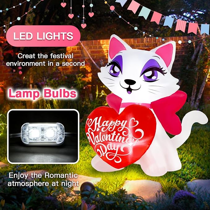 4 FT Valentines Inflatable Outdoor Decorations, Blow up Valentine's Day Cat Yard Decor with Love Heart, Built-in LED Lights Wedding Kitty Holiday Decoration for Lawn Garden Wedding Indoor