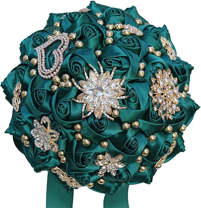 Bridal Wedding Bouquet for Bride Bridesmaid Wedding Quinceanera Throw Toss Artificial Rose Flower Bunch with Bling Brooch (07G#Dark Green, Small (Dia. 7.5"/18cm))