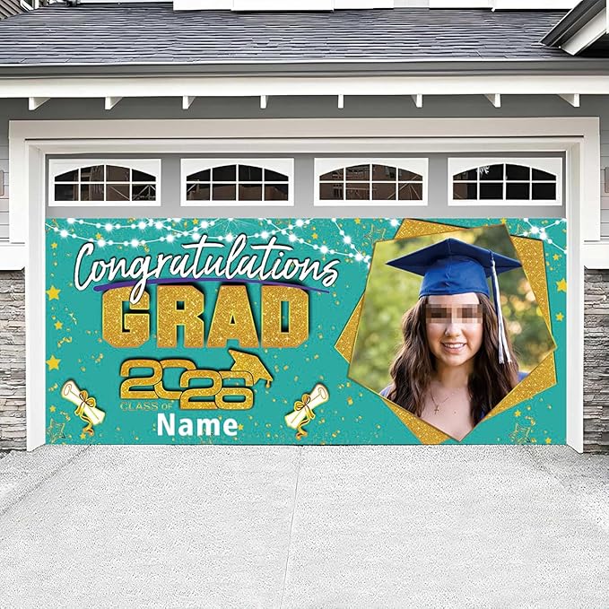 Custom Garaduation Garage Door Banner Cover 16 x 7 ft Class of 2026 Congrats Grad Party Backdrop Personalized Graduation Decoration(Peacock Blue and Gold)