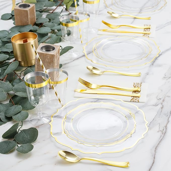 200 PCS Baroque Clear Gold Dinnerware Set for 25 Guests,Gold Rimmed Heavy Duty Plastic Disposable Plates for Party Wedding with Napkins,25Dinner Plates,Dessert Plates,Spoons,Forks,Knives,Cups