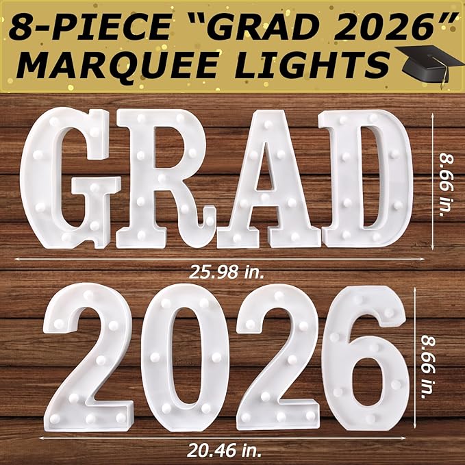 2026 Graduation Decorations Deals - 8 LED Marquee Light Up Letters 'GRAD 2026' with Remote - Ornaments for Class of 2026 Preschool High School College Wall Table Centerpieces Decor Party Supplies