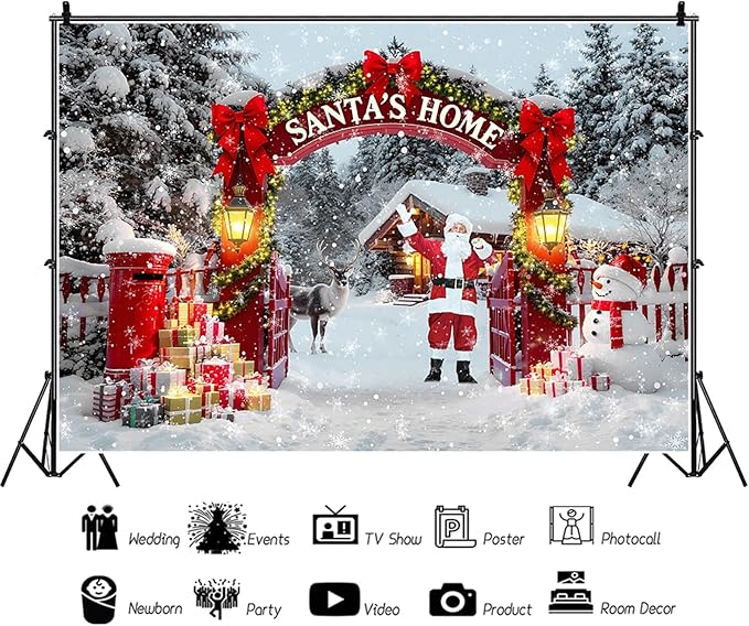 Baocicco 10x6.5ft Santa's Home Photography Backdrops Santa Claus Snowman Elk Farmhosue Snowfalke Banner Backdrop Merry Christmas Party Supplies New Year Eve Background Photo Studio Props