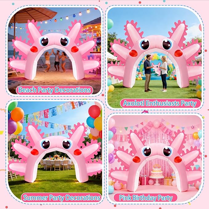Eyourlife 16 FT Axolotl Inflatable Arch, Giant Pink Axolotl Birthday Party Decoration, Blow-Up Axolotl with 1 Blowers 3 Banners for Summer Beach Pool Party Supplies Animal Protection Activities