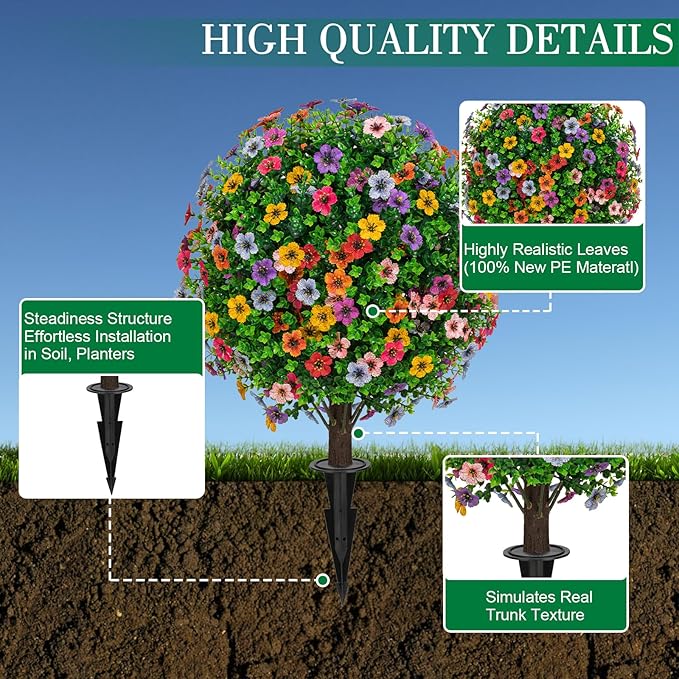 23" Artificial Boxwood Topiary Ball Trees with Colorful Flowers, Set of 2 UV Resistant No Fade Outdoor Faux Plants with Ground Spike, Fake Shrubs for Garden, Patio, Porch, Yard, Indoor Decor