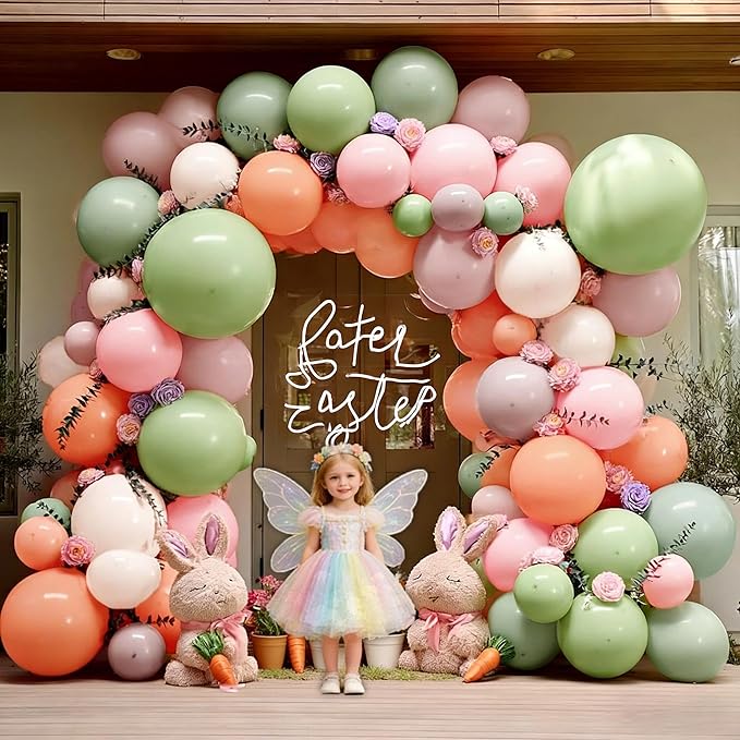 Dusty Green Pink Balloon Arch With Artificial Flower Leaves Double Stuffed Pastel Pink Green Mauve Peach Blush Balloon Garland Kit for Flower Baby Shower Wedding Birthday Floral Easter Tea Party Decor