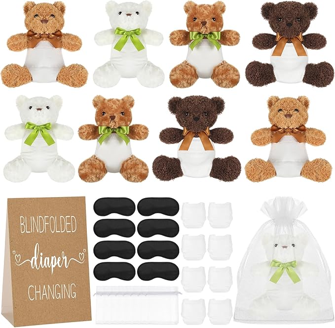 8 Set Bear Blindfolded Diaper Changing Baby Shower Games with Blindfold Changing 12 Inch Bear Dolls Diapers Gift Bags for Baby Shower Gender Reveal Raffle Party Game