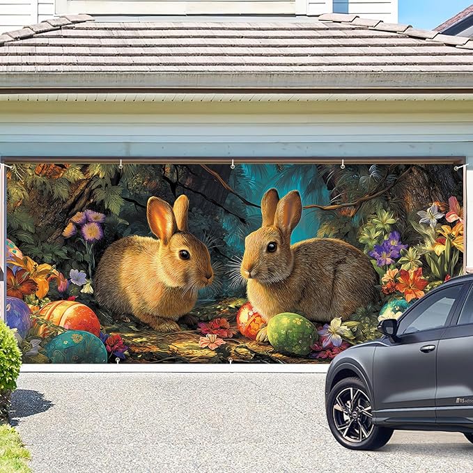 Easter Bunnies and Eggs Garage Door Banner 7x16FT, Cute Bunnies and Colorful Eggs Outdoor Spring Holiday Decoration for Yard and Garage