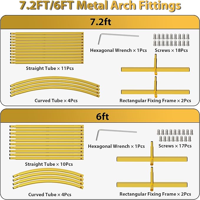 Gold Metal Wedding Arch Backdrop Stand Set of 2, 7.2FT & 6FT Arched Frame for Ceremony, Birthday Party, Baby Shower, Graduation, and Event Decor