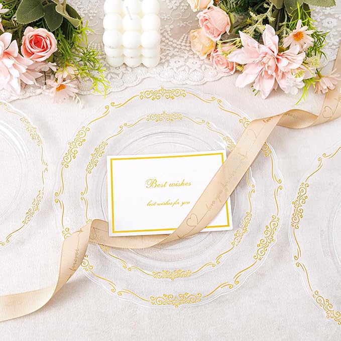 U-QE 100PCS Clear Gold Plastic Plates - Disposable Heavy Duty Clear Plates with Gold Rim Including 50PCS 10'' Dinner Plates & 50PCS 7.5'' Dessert Plates Perfect for Party, Weddings