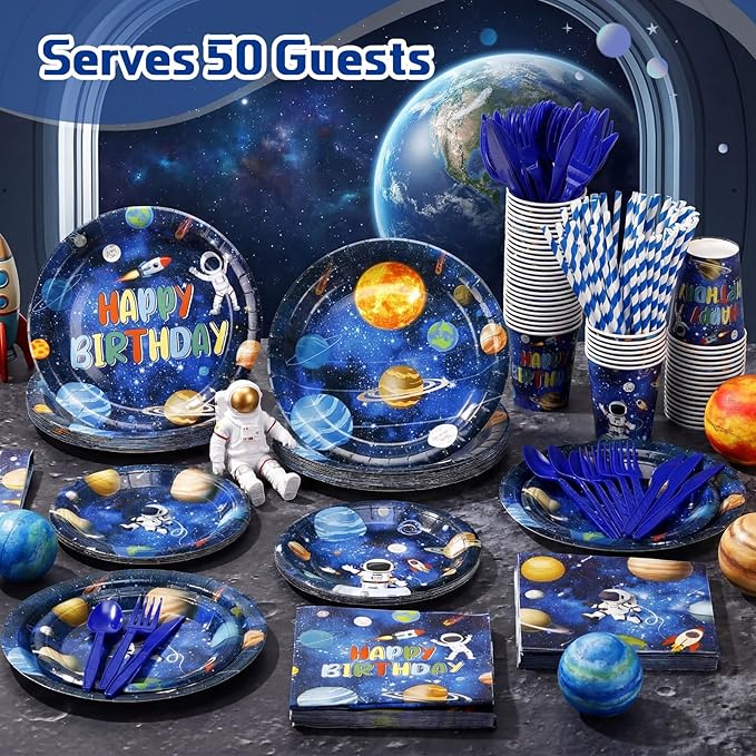 450 Pcs Space Birthday Tableware Set Decorations, Solar System Paper Plates Napkins Cups Cutlery Straws for Astronaut Theme Birthday Baby Shower Party Supplies, Serves 50