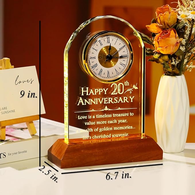 YWHL Happy 20th Wedding Anniversary Clock Gifts for Her Him, 20 Years Anniversary Glass Gift for Couples, Table Clock Presents with Wooden Light Base for Home Decoration (Battery not Included)