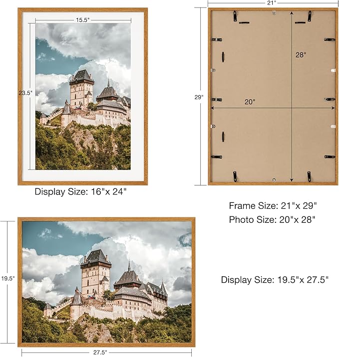 Axeman 20x28 Frame - Solid Teak Wood 20x28 Picture Frame With Mat for 16x24, 28 x 20 Wood Poster Frame, Tempered Glass and Hanging Hardware Included Home Decor Art Hanging Frame, Natural Teak