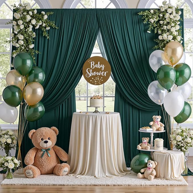 20ft x 10ft Wrinkle Free Hunter Green Backdrop Curtain for Jungle Parties, 4 Panels 5×10ft Soft Silky Green Polyester Photo Backdrop Drapes for Wedding Birthday Photography Christmas Background Cloth