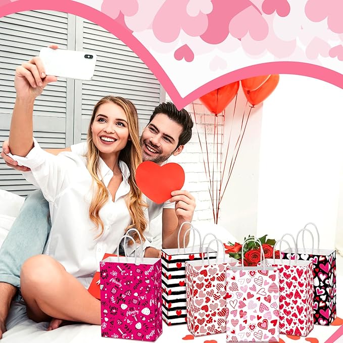 Chivertion 150 Pcs Valentine's Day Gift Bags with Handle Bulk Galentines Heart Paper Goodie Treat Bags for Valentines Galentines Day Party Favors Gift Wrapping Supplies 6 Style, 8 x 6 x 3 Inches