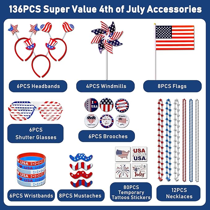 136PCS 4th of July Accessories - Patriotic Party Favors Fourth of July Decoration Supplies Headband Shutter Glasses Tattoo Sticker Necklace Flag American Memorial Independence Day USA Themed