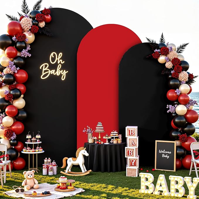 Black and Red Arch Cover 3 Set-6FT, 5FT, 4FT Arch Backdrop Cover Spandex 2-Color Balloon Arch Stand Covers for Birthday Party Baby Shower Retirement Graduation Photo Background Decorations